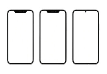 Set of three smartphone mockups with blank white screens, front view, isolated on transparent background