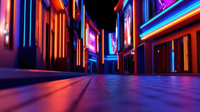 Vibrant neon-lit alleyway at night showcasing colorful advertisements and a lively urban atmosphere