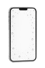 Smartphone mockup with blank white screen and water drops, isolated on transparent background