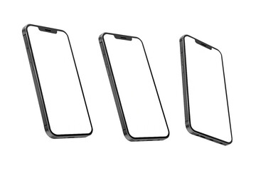 Three angled smartphone mockups with blank white screens, isolated on transparent background