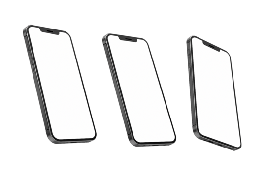 Three angled smartphone mockups with blank white screens, isolated on transparent background