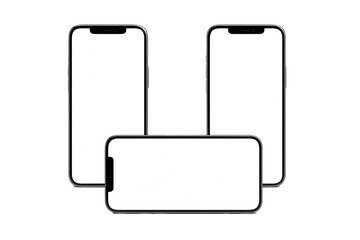 Set of three smartphone mockups with blank white screens, vertical and horizontal views, isolated on transparent background