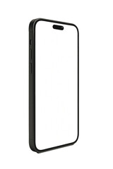 Angled view black smartphone mockup with blank white screen, isolated on transparent background