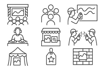 Street Art Festival Icons. Line style icons of street art festivals: mural event stage, crowd gathering, live painting, urban DJ,