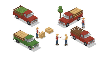 Isometric farm trucks with farmers loading and unloading produce and goods
