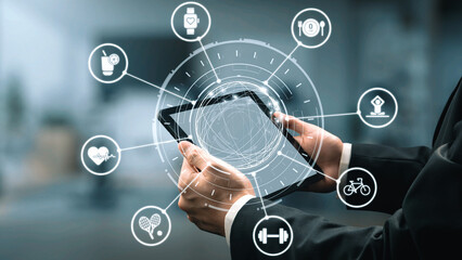 Healthy lifestyle icons show exercise, healthy lifestyle diet, and wellness routine. Healthy...