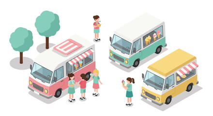 Isometric ice cream trucks and customers in summer park scene