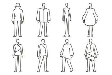 Avant-Garde Silhouette Icons. Line style icons of avant-garde silhouettes: high collar form, boxy shape, elongated limbs, bubble