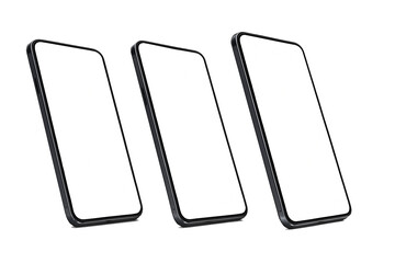 Three angled smartphone mockups with blank white screens, isolated on transparent background