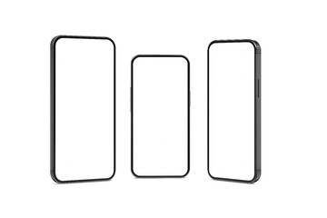 Three smartphone mockups with blank white screens, front and side views, isolated on transparent background