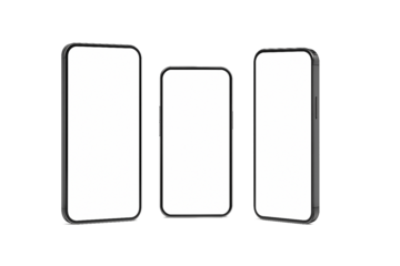 Three smartphone mockups with blank white screens, front and side views, isolated on transparent background
