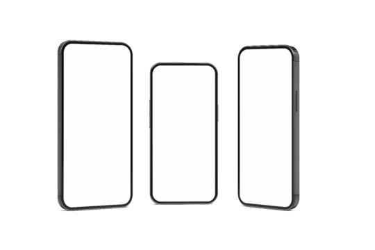 Three smartphone mockups with blank white screens, front and side views, isolated on transparent background