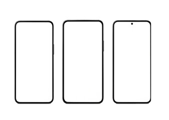 Set of three smartphone mockups in different angles with blank white screens, isolated on transparent background