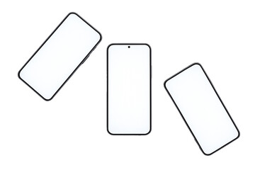 Set of three smartphone mockups in different angles with blank white screens, isolated on transparent background