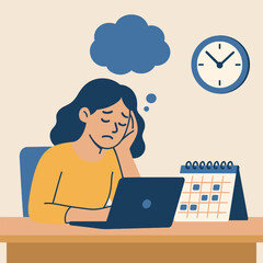 Young woman procrastinating at office desk with computer