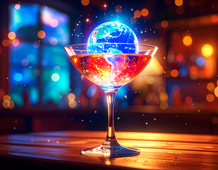 globus of earth in an cocktail glass, mystic atmosphere, symbol how human treat the world resources