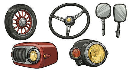Vintage car parts collection with classic wheel, headlights, and steering whe…