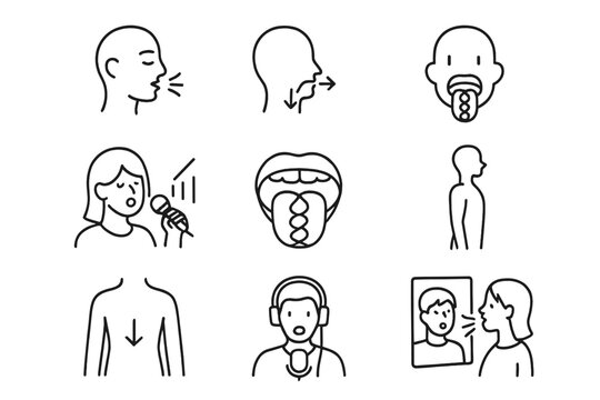 Podcast Voice Icons. Line style icons of podcast voice training: vocal warm-up, breath control, articulation guide, pitch range,
