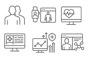 Healthcare Digital Twins Icons. Line style icons of healthcare digital twins: patient twin, wearable device feed, body scan