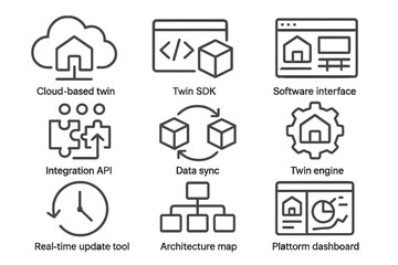 Digital Twin Icons. Line style icons of digital twin software platforms: cloud-based twin, twin SDK, software interface,