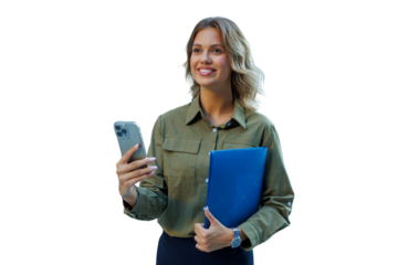 Businesswoman holding mobile phone and folder smiling, connecting and managing tasks, transparent background
