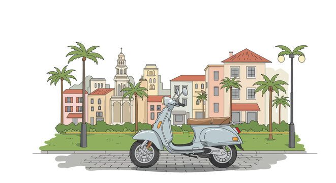 Classic scooter in front of colorful mediterranean cityscape with palm trees