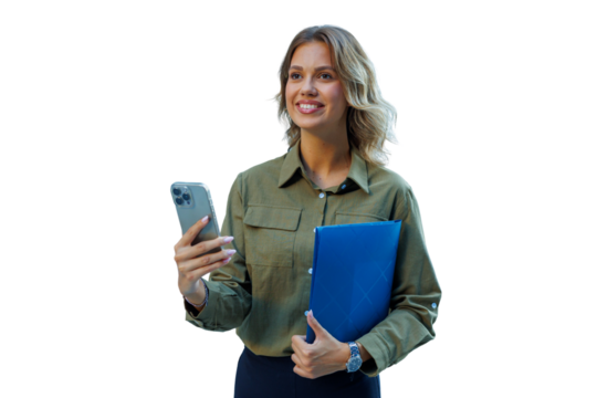 Businesswoman holding mobile phone and folder smiling, connecting and managing tasks, transparent background