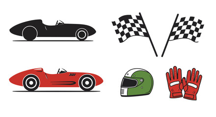 Classic racing cars and accessories with checkered flags in vintage style