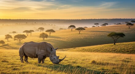 Fototapeta premium A rhinoceros grazes in a golden misty savanna at dawn with broad-canopy trees on rolling hills