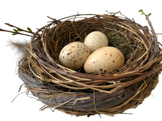 Obraz premium Three bird eggs in nest twigs and branches Nature photography spring concept Isolated on white background
