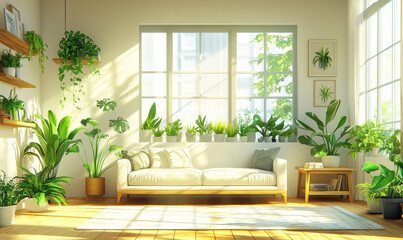 Fototapeta premium Bright and Airy Living Room with Abundant Indoor Plants and Natural Light, close up detail