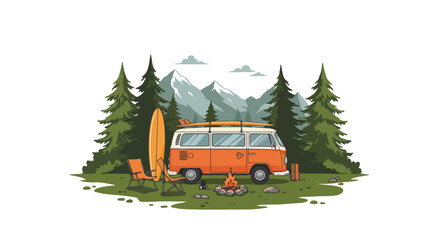 Vintage camper van in forest with surfboard and campfire scene