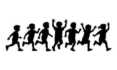 Kids Playing and Jumping Silhouettes in a Horizontal Row, Flat Vector illustration on White, easily editable and scalable.