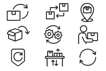 Reverse Logistics Icons. Line style icons of reverse logistics: product return arrow, reverse supply chain, collection point icon,