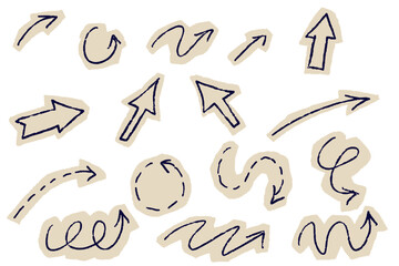 Scrapbook Hand drawn arrows, journal sketch collection with scribble forms on paper stickers, ideal for innovative designs. Black ink graphics provide flexible directions, suitable for art projects or
