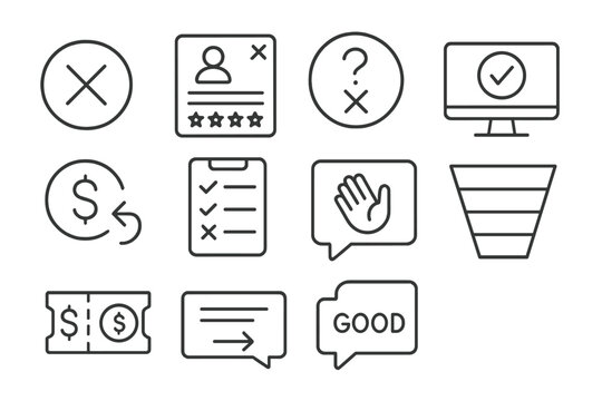 Subscription Cancellation Icons. Line style icons of subscription cancellations: cancel button icon, feedback form tile, retention