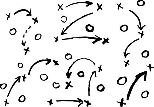 Football tactic layout, sports strategy plan with arrow paths, hand drawn team guide. Ideal for soccer practice, player coordination, and coaching tools, perfect for game print.