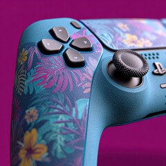 Tropical Floral Patterned Blue Game Controller with Textured Grip