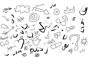 Hand-Drawn Doodle Elements Set – Abstract Sketches, Symbols, and Words on White Background
