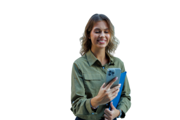 Smiling business woman using smartphone, holding folder, staying connected, having remote communication, transparent background