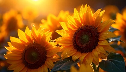 Golden Hour Sunflowers: A Stunning Close-Up of Dew-Kissed Blooms