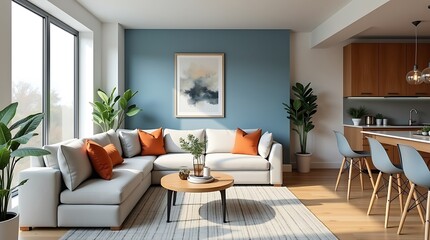 Modern living room with l shaped sofa and accent pillows natural light and open kitchen area