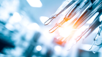 Close-up of surgical instruments in a sterile operating room environment with bright lighting and clinical ambiance