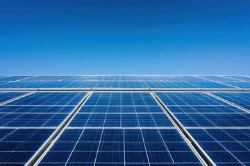 Solar Panels Array Under Clear Blue Sky, Renewable Energy Source