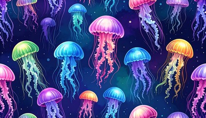 Colorful Jellyfish Pattern Seamless Design.
