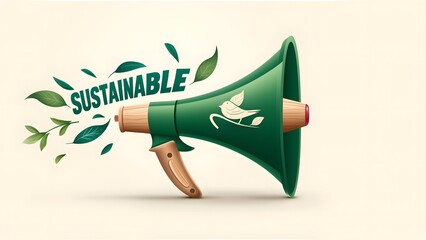 Green megaphone with sustainable message and leaves symbolizing eco communication and environmental awareness concept