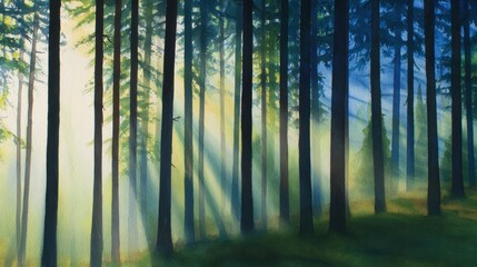 Serene forest landscape with tall trees, sunlight streaming through, creating a tranquil atmosphere