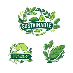 Set of three sustainable clipart illustrations with green leaves, recycle symbol and eco label design on white background
