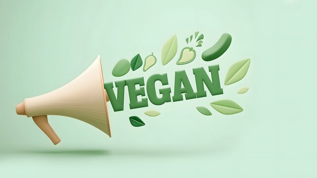3D megaphone with vegan slogan and green leaves on pastel background representing plant based lifestyle and eco friendly message