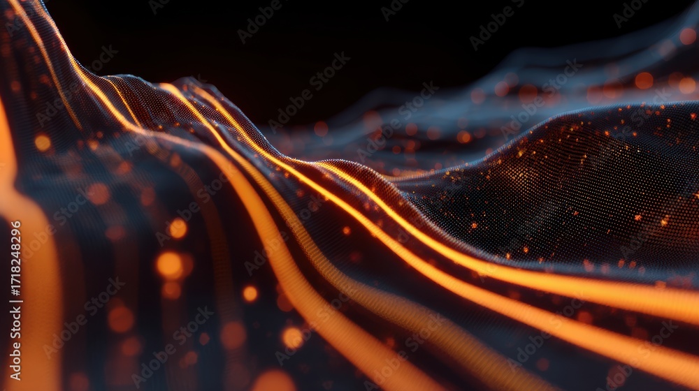 Poster abstract digital waves of orange and black flowing in a serene environment with glowing particles